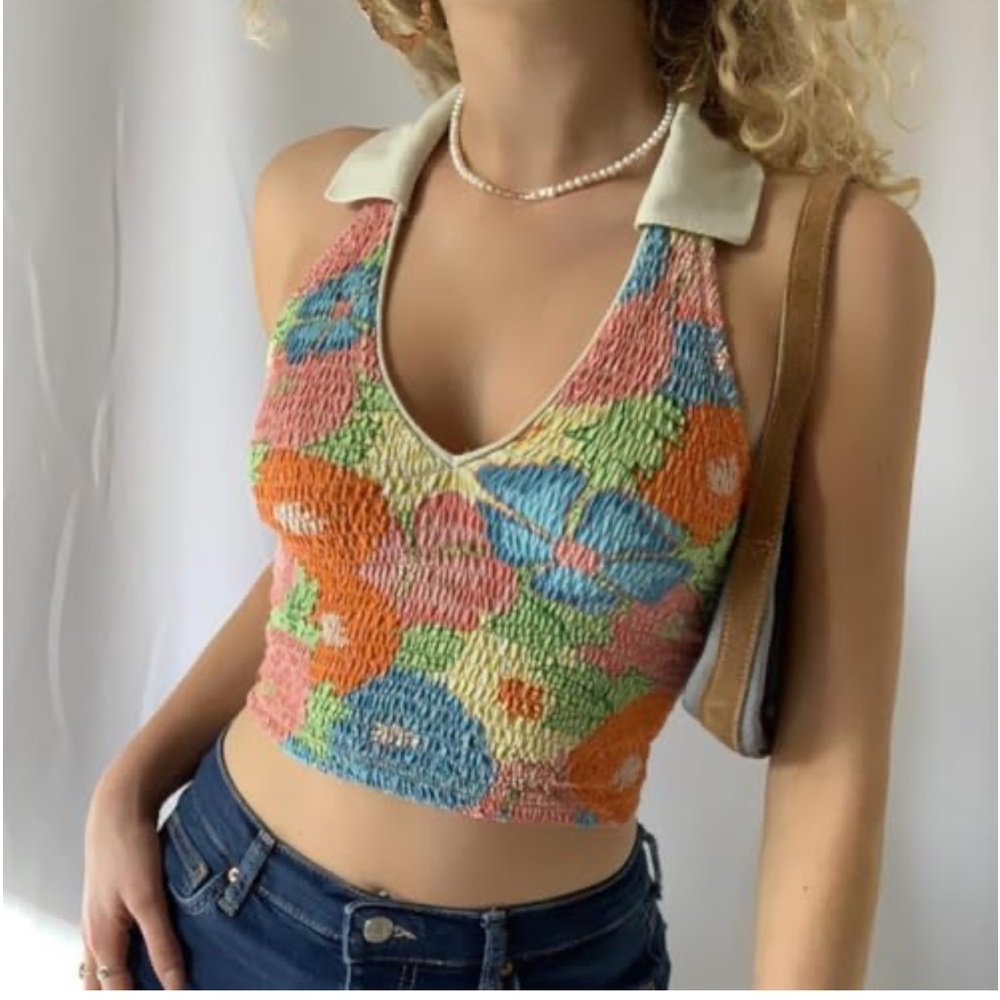Zara Elastic Ruched Collard Floral Print Halter Top. Size S (306)